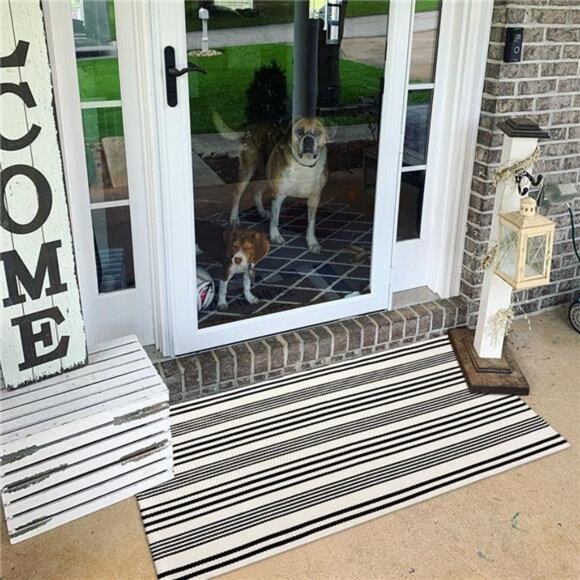 Black and White Striped Outdoor Rug, 2’ x 4.3’ Cotton Hand-Woven Reversible - Picture 2 of 8